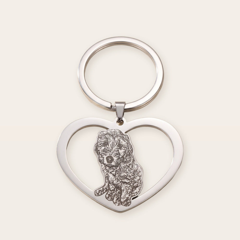 Heart pet photo keychain, silver tone, on a plain background
