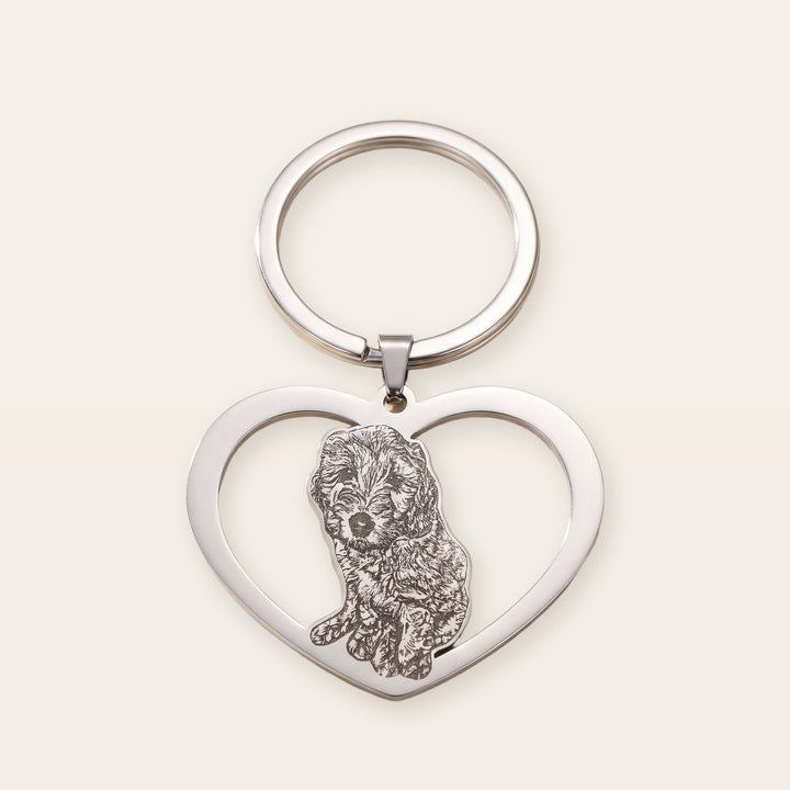 Heart pet photo keychain, silver tone, on a plain background