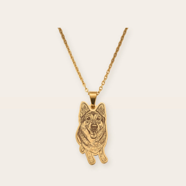 Custom pet photo necklace, gold tone, on a plain background