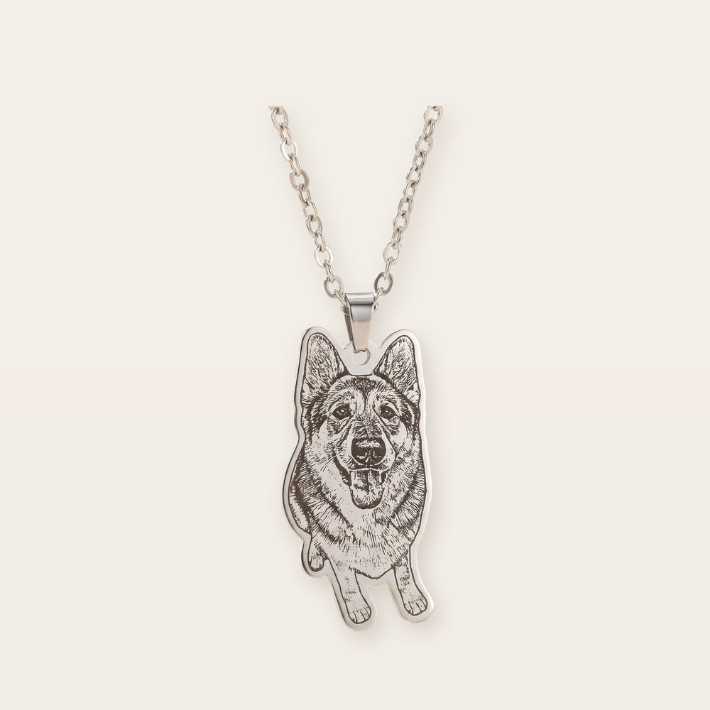Custom pet photo necklace, silver tone, on a plain background