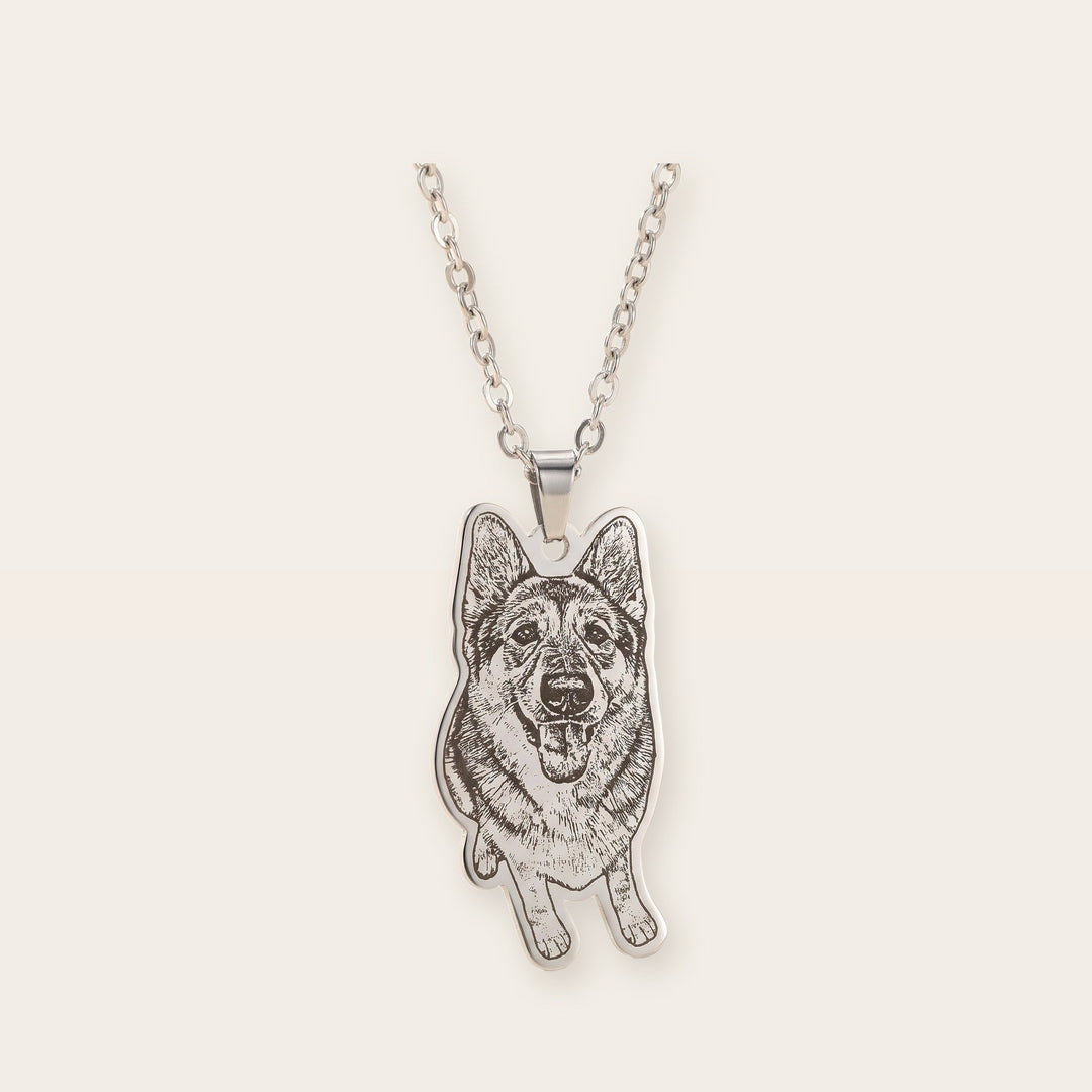 Custom pet photo necklace, silver tone, on a plain background