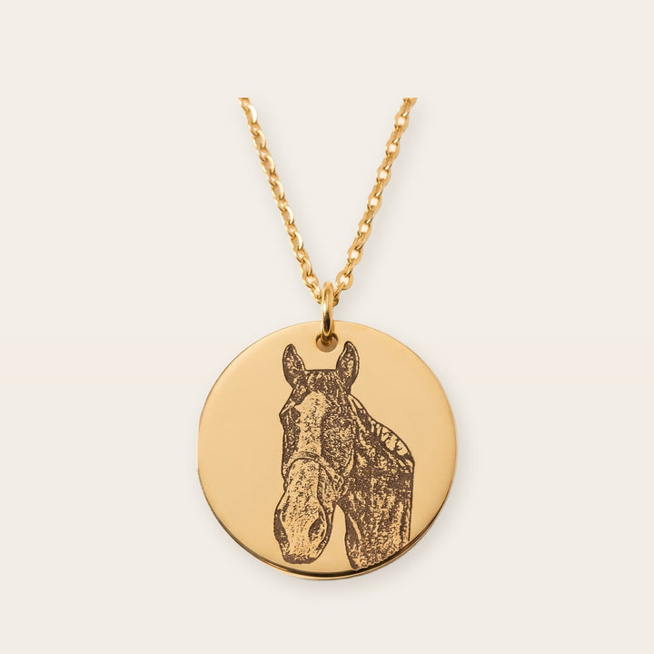 Round pet photo necklace, gold tone, on a plain background