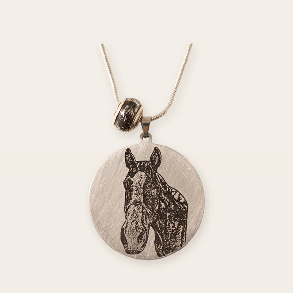 Round pet photo necklace, silver tone, on a plain background
