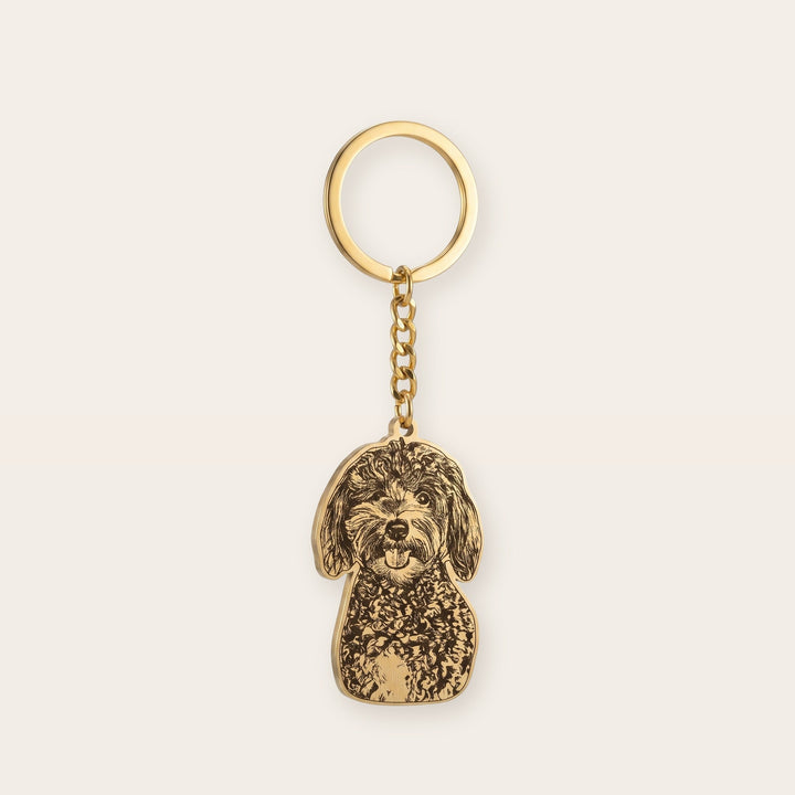 Pet memorial photo keychain, gold tone, on a plain background