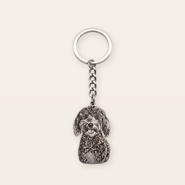 Pet memorial photo keychain, silver tone, on a plain background