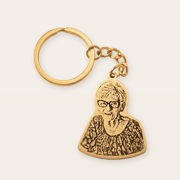 Remembrance photo keychain, gold tone, on a plain background