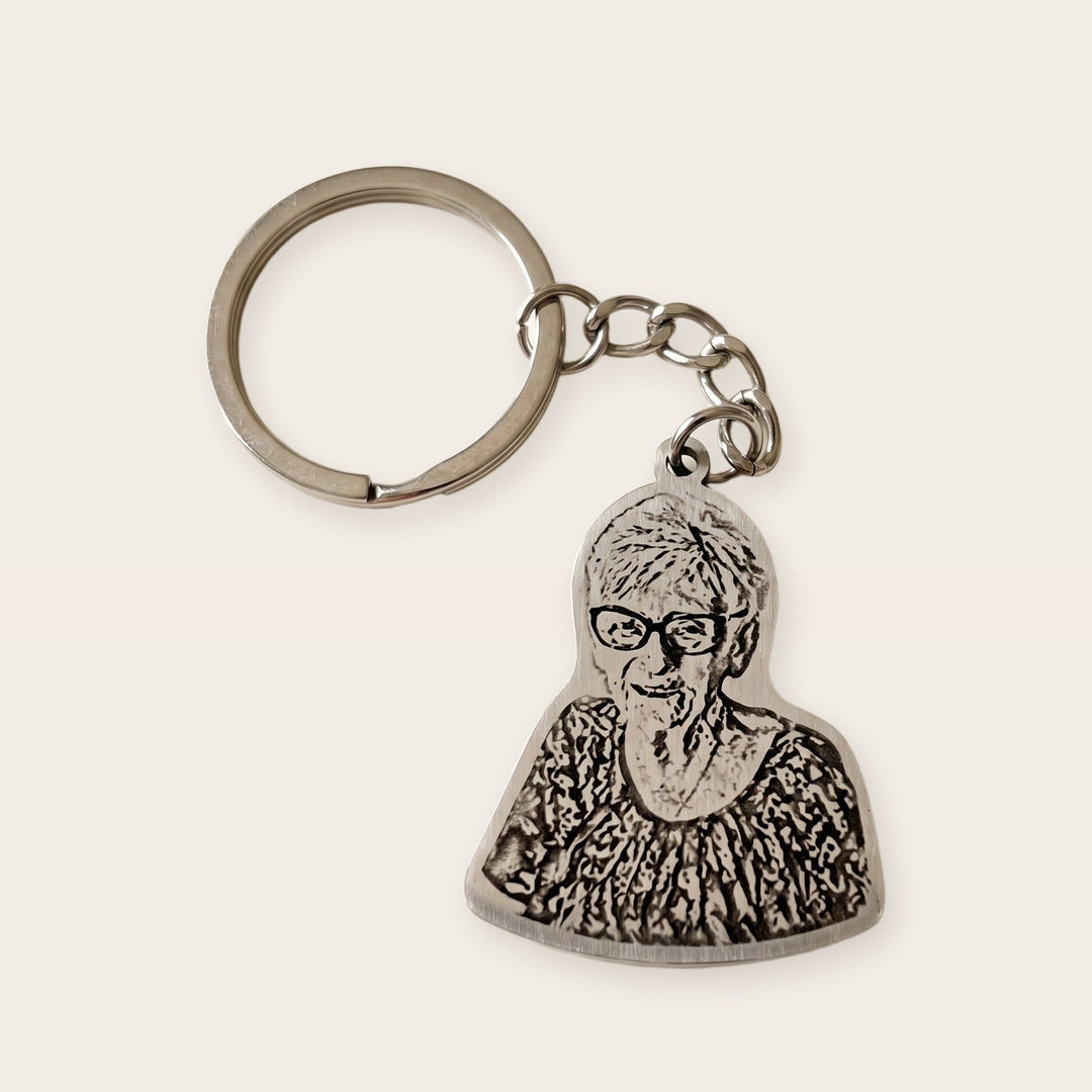 Remembrance photo keychain, silver tone, on a plain background