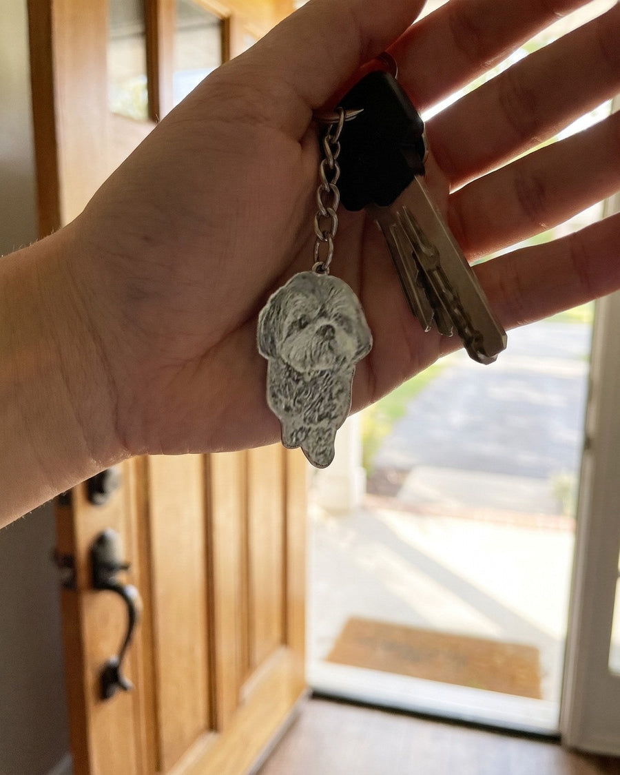 Engraved dog photo keychain on house keys held at an open front door