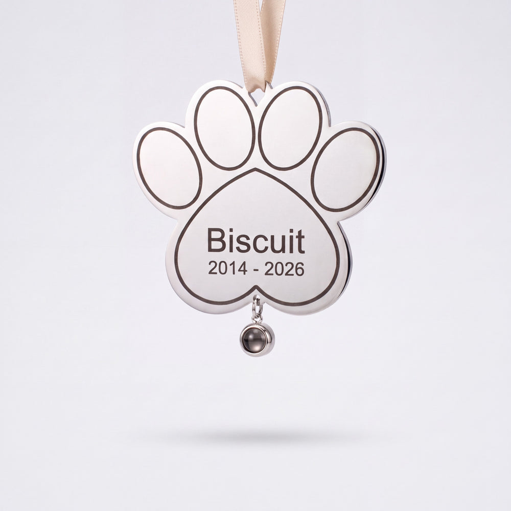 Silver paw print pet memorial ornament engraved with a pet name and years, photo stone hanging below
