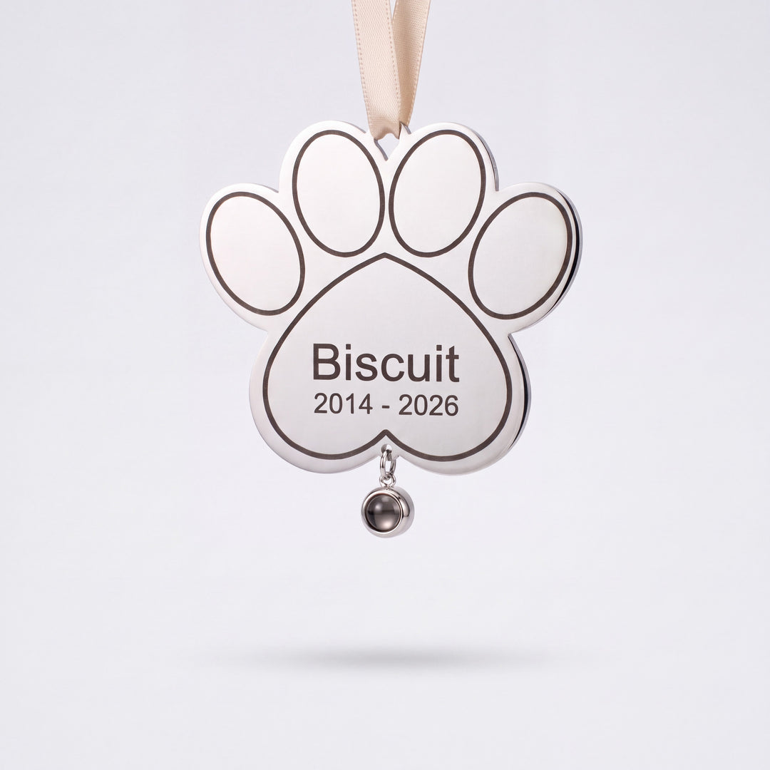 Silver paw print pet memorial ornament engraved with a pet name and years, photo stone hanging below