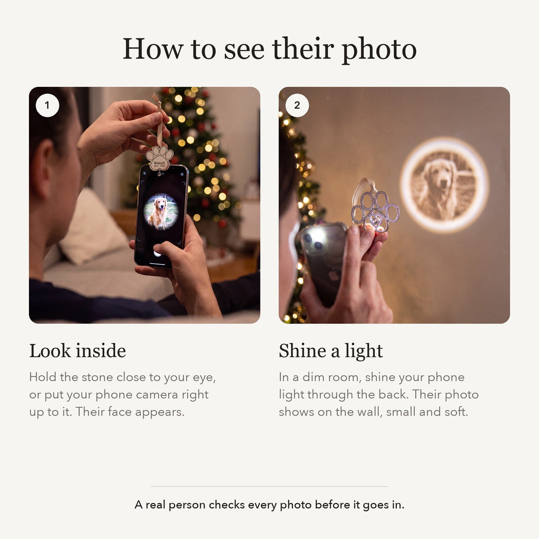 How to see the photo in the ornament: look inside with your phone camera or shine a light to project it