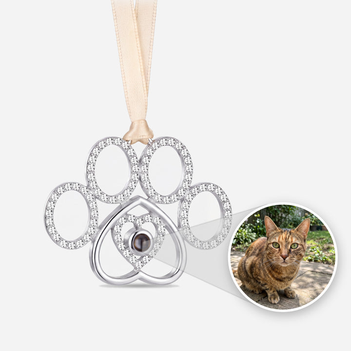 Crystal paw ornament with a cat photo sealed inside the stone shown in a circle