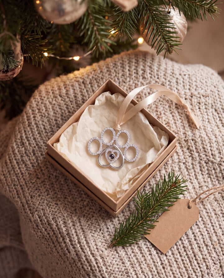 Crystal paw photo ornament in an open gift box under a Christmas tree
