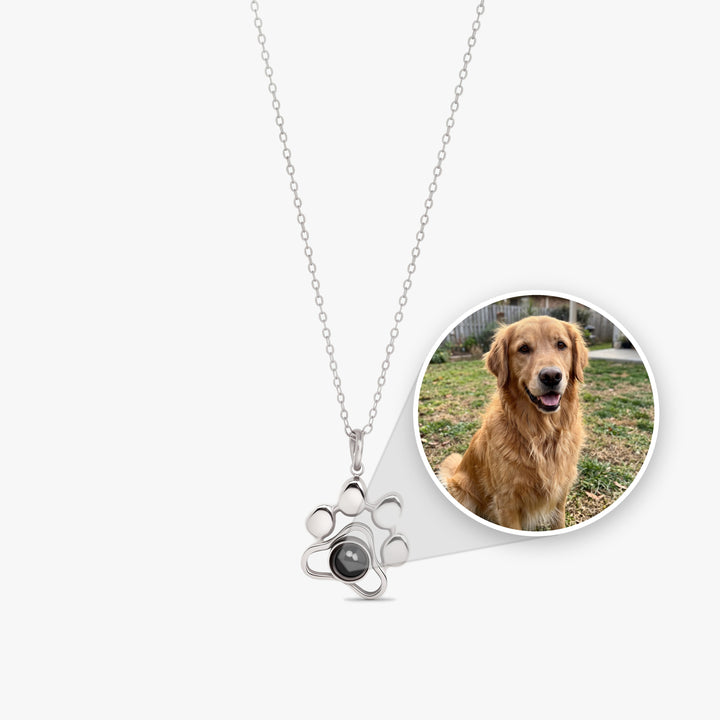 Paw projection necklace with the pet photo sealed inside the stone shown in a circle