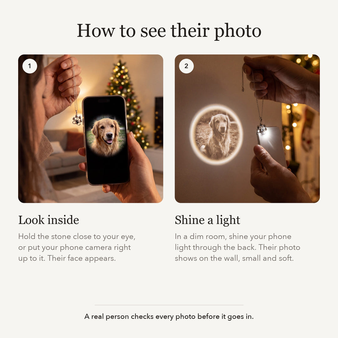 How to see the photo: look in with your phone camera or shine a light to project it