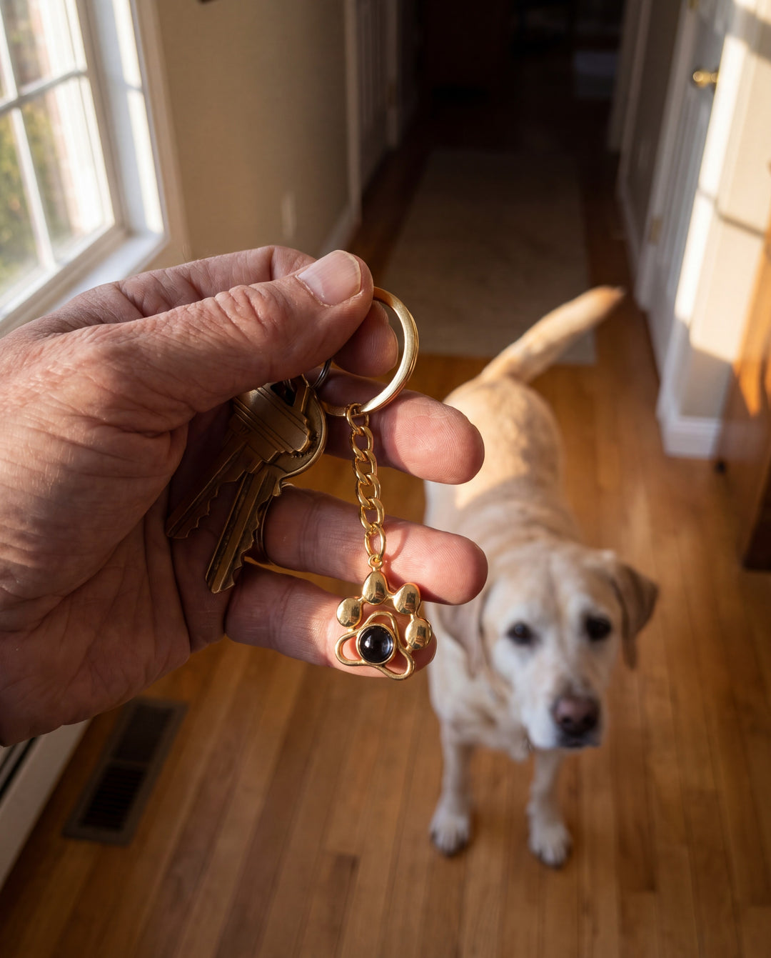 Man holding house keys with a gold paw projection keychain, his yellow Labrador behind him