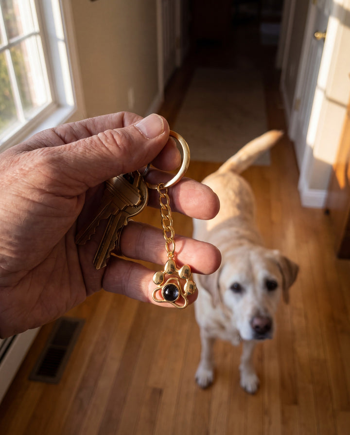 Man holding house keys with a gold paw projection keychain, his yellow Labrador behind him