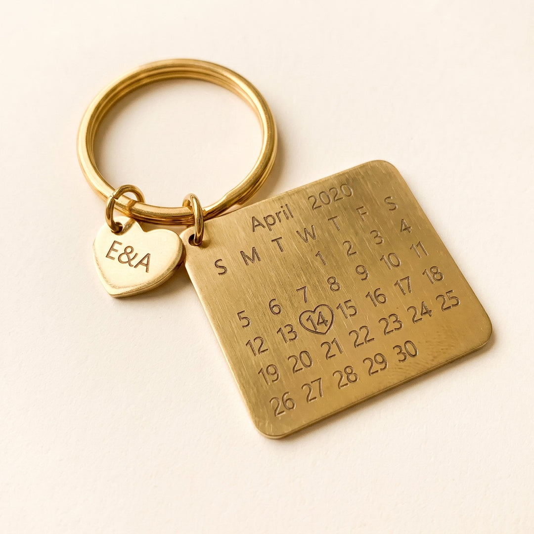 personalized calendar keychain with an engraved date, gold tone