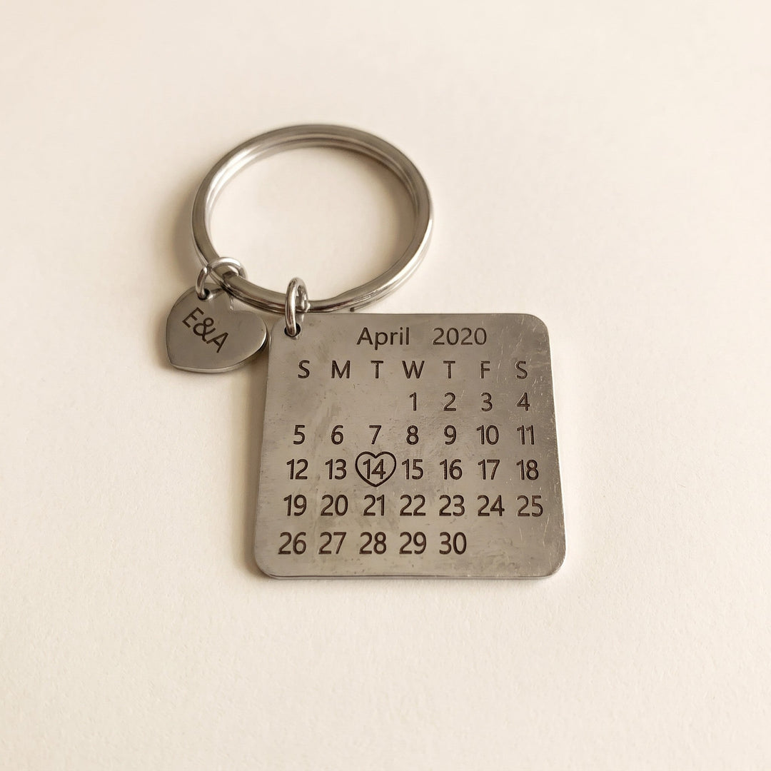 personalized calendar keychain with an engraved date, silver tone