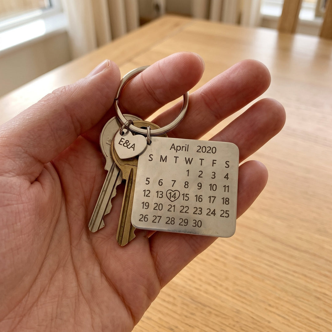 personalized calendar keychain with an engraved date, on a set of keys