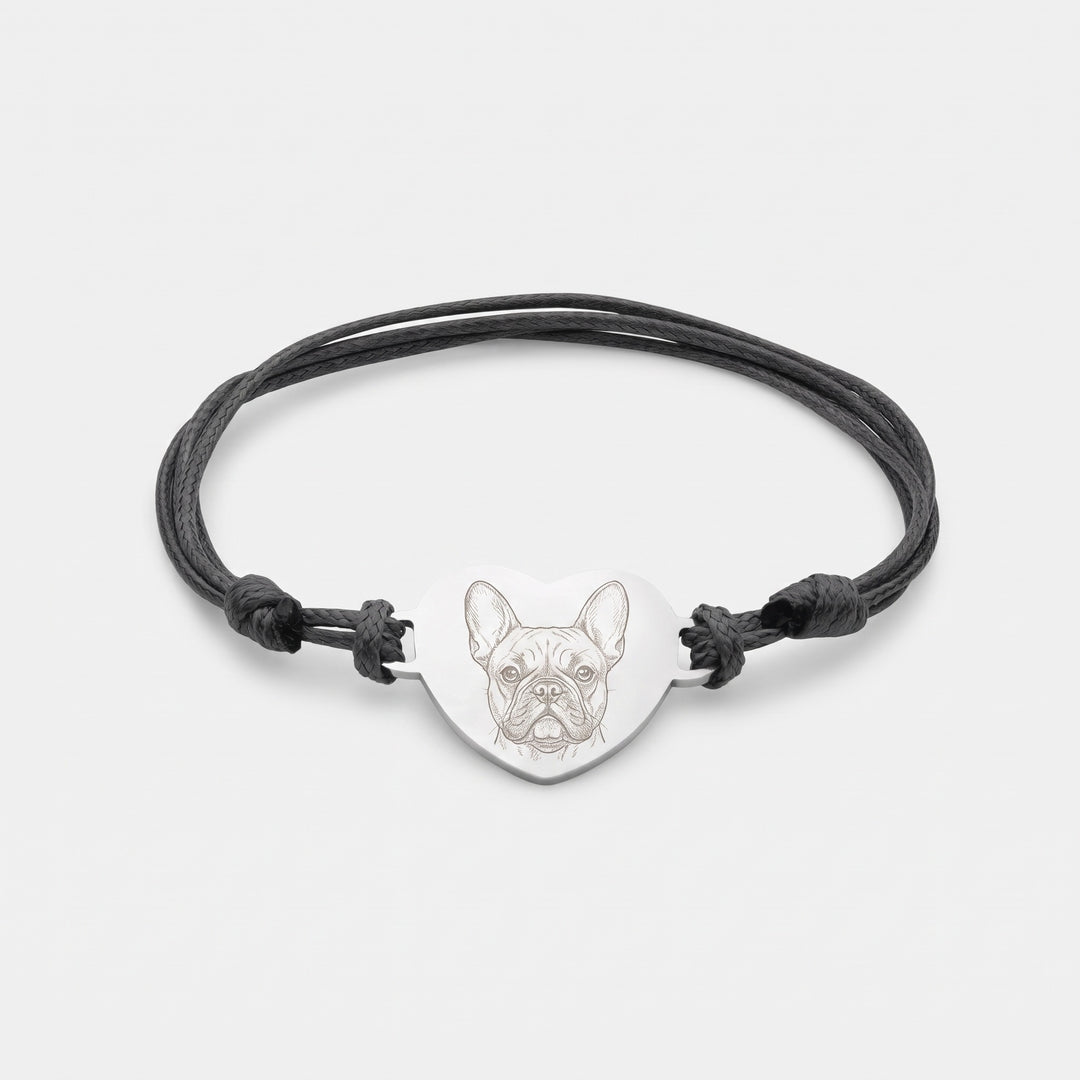 Black cord bracelet with a steel heart engraved with a French Bulldog line drawing