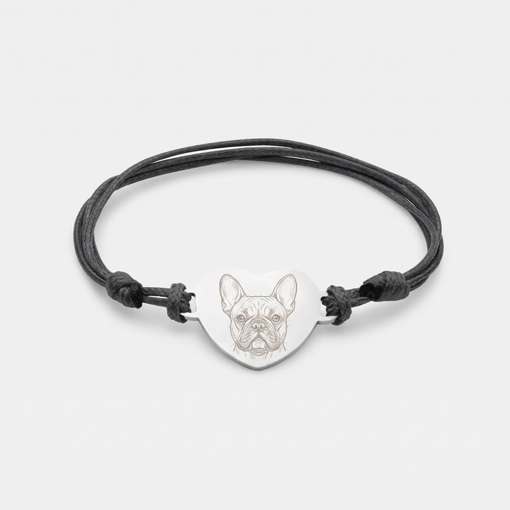 Black cord bracelet with a steel heart engraved with a French Bulldog line drawing