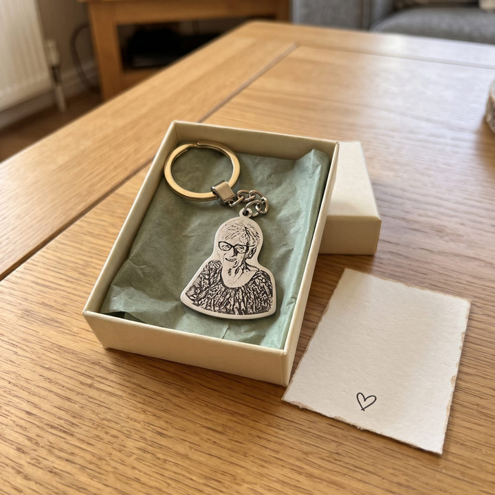 remembrance photo keychain engraved from a photo, in a gift box