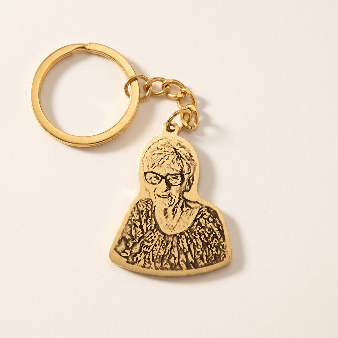 remembrance photo keychain engraved from a photo, gold tone