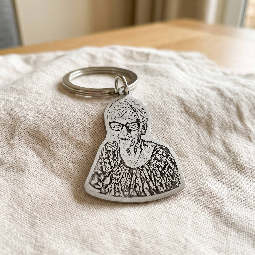 remembrance photo keychain engraved from a photo, close-up of the engraving