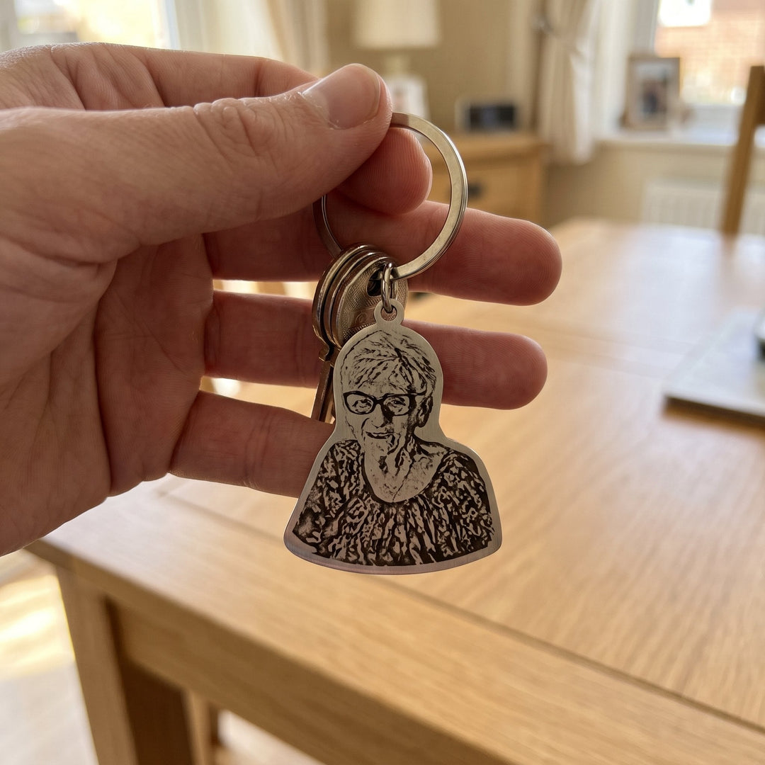 remembrance photo keychain engraved from a photo, on a set of keys