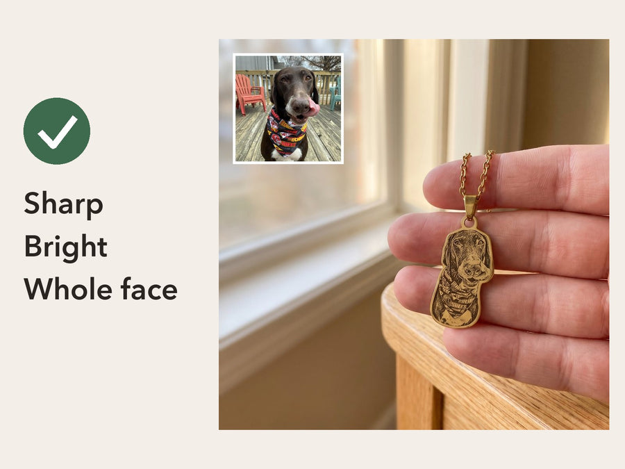A customer's sharp, bright dog photo next to the gold necklace we engraved from it