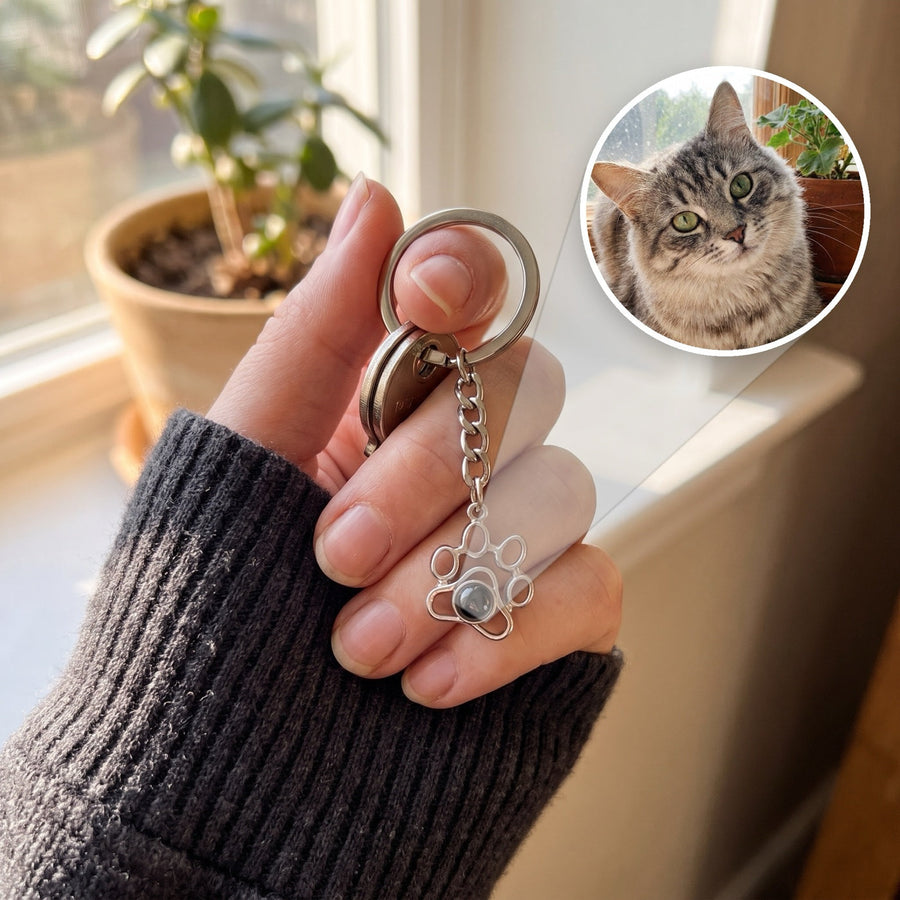 Silver paw print projection keychain with a cat photo inside