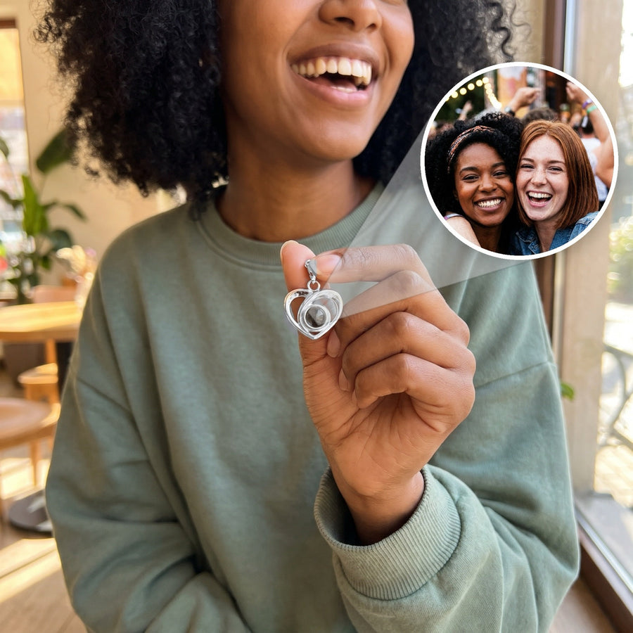 Silver heart projection necklace with a best friends photo inside