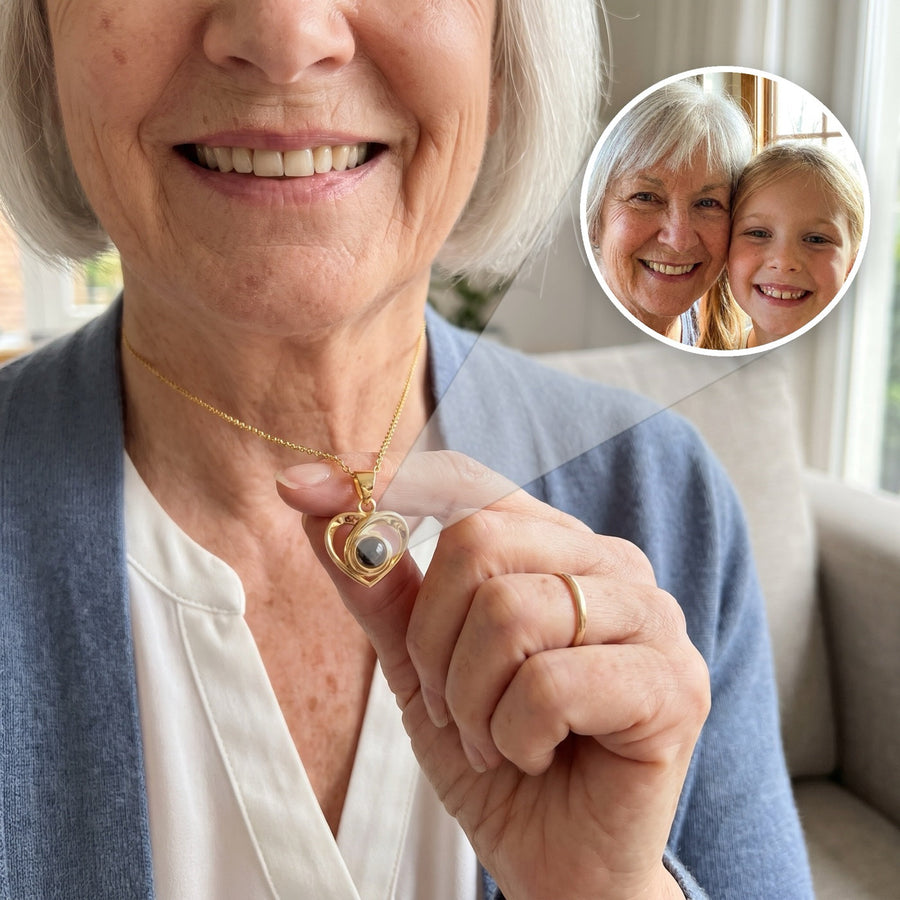 Gold heart projection necklace with a grandma and granddaughter photo inside
