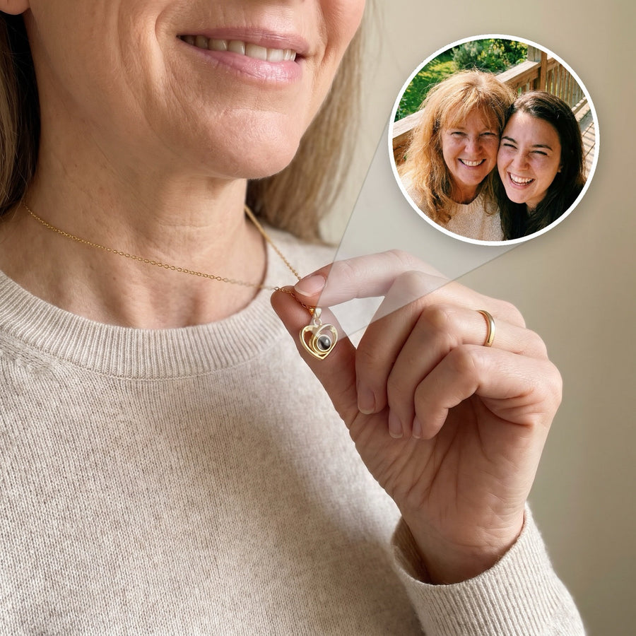 Gold heart projection necklace with a photo of mom and daughter inside
