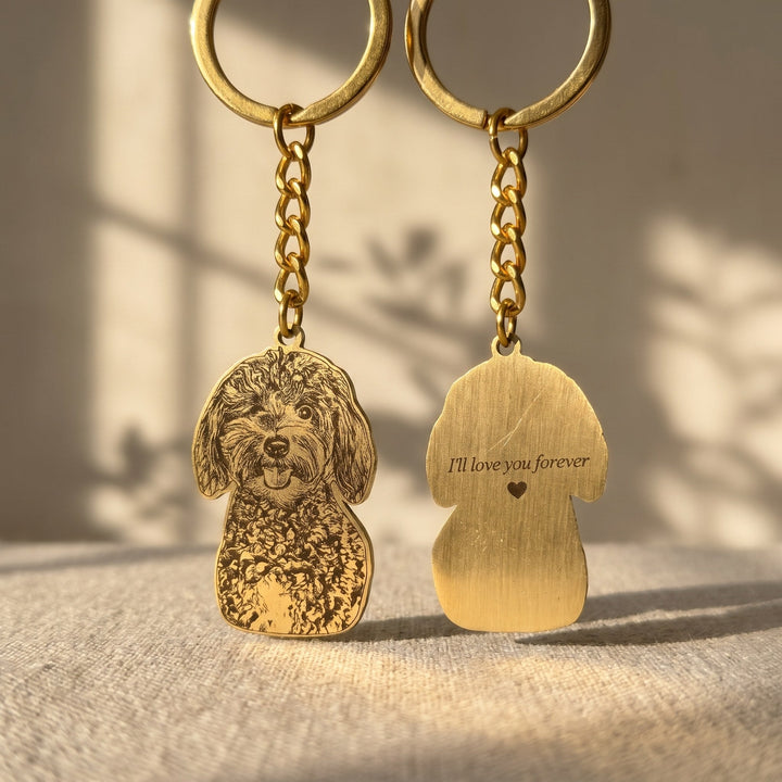 Front and back of a pet photo keychain with I&