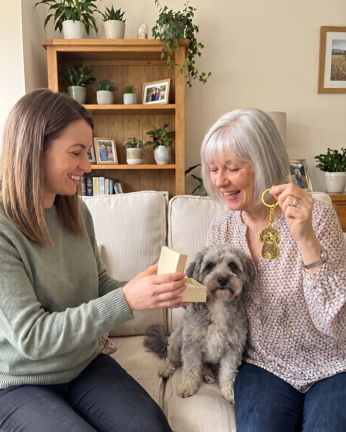 Mom smiling as she holds up an engraved gold dog keychain gift