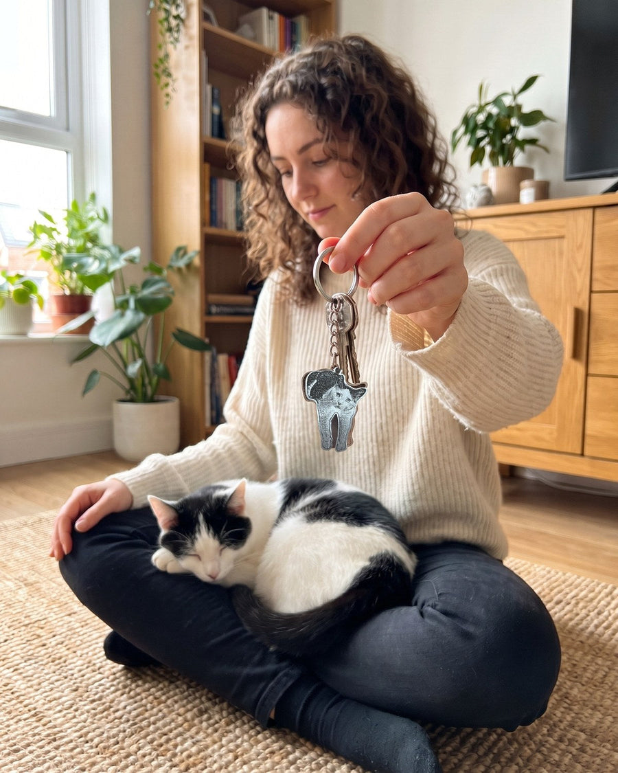 Woman holding an engraved cat keychain while her black and white cat sleeps in her lap