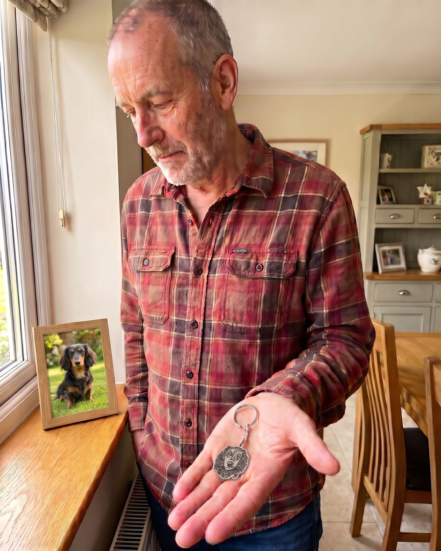 Man holding an engraved dachshund memorial keychain in his palm beside a framed photo of his dog