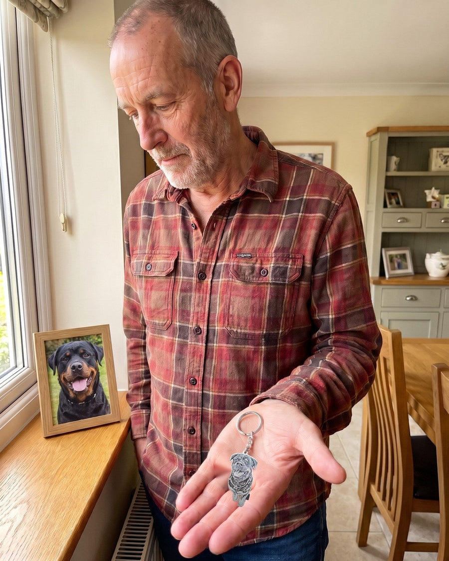 Man holding an engraved rottweiler photo keychain in his palm next to a framed photo of his dog